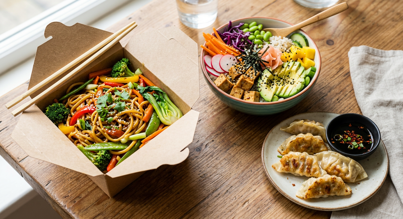 Takeaway stir-fry noodles, a poke bowl and vegetable gyoza on a wooden table
